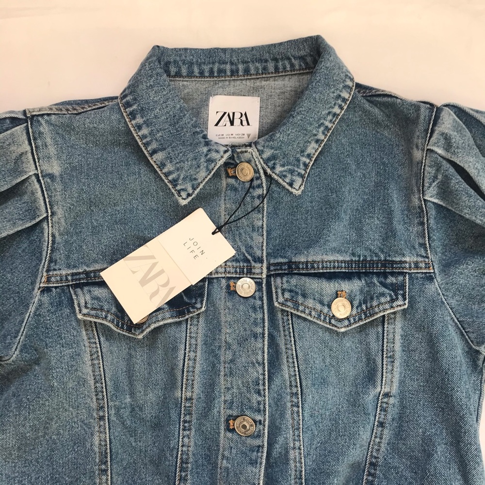 Zara Balloon Sleeves Cropped Denim Jacket Blue M - Picture 8 of 13
